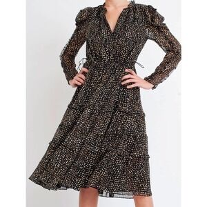 Ulla Johnson Alessandra Tie-Neck Ruffle Long Sleeve Tiered Midi Dress Black 0